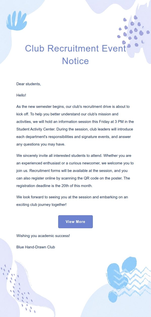 Blue Hand-Drawn Watercolor Campus Notice Email