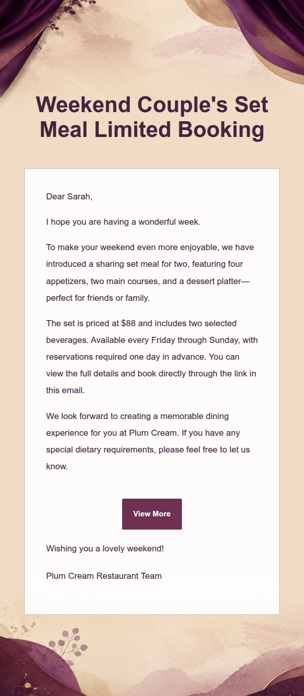 Plum Cream Restaurant Menu Marketing Email 2