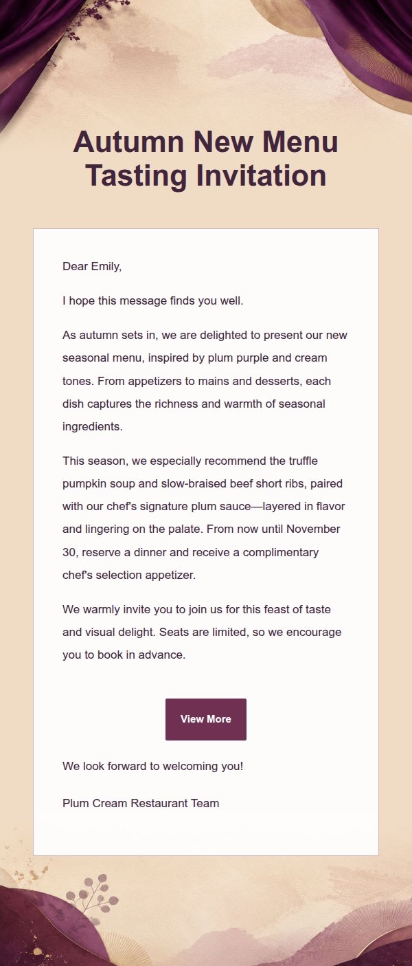 Plum Cream Restaurant Menu Marketing Email