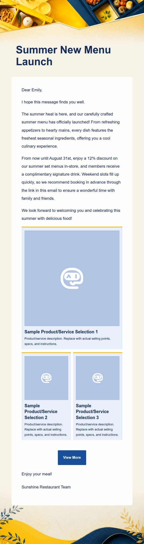 Bright Yellow & Blue Bento Grid Restaurant Marketing Email
