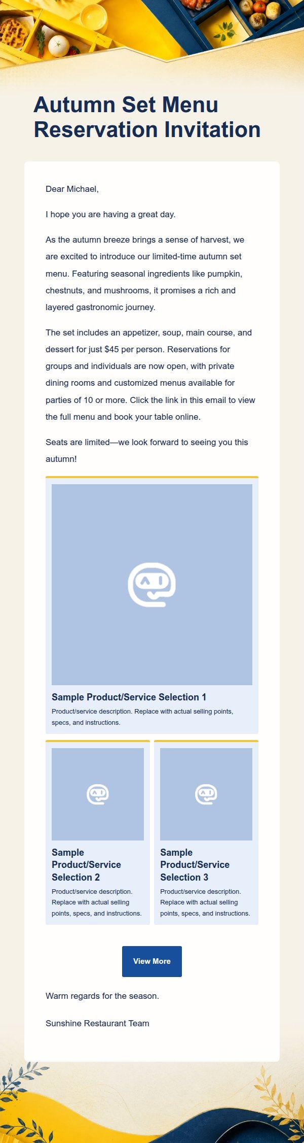 Bright Yellow & Blue Bento Grid Restaurant Marketing Email 2