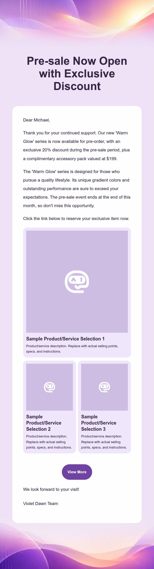 Violet Dawn New Product Launch Marketing Email 2