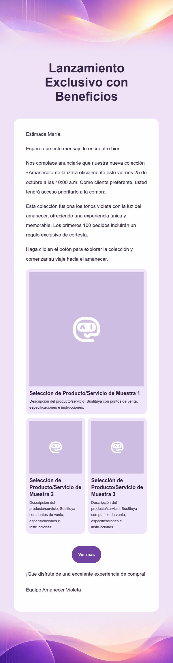 Amanecer Violeta Email Marketing de Lanzamiento