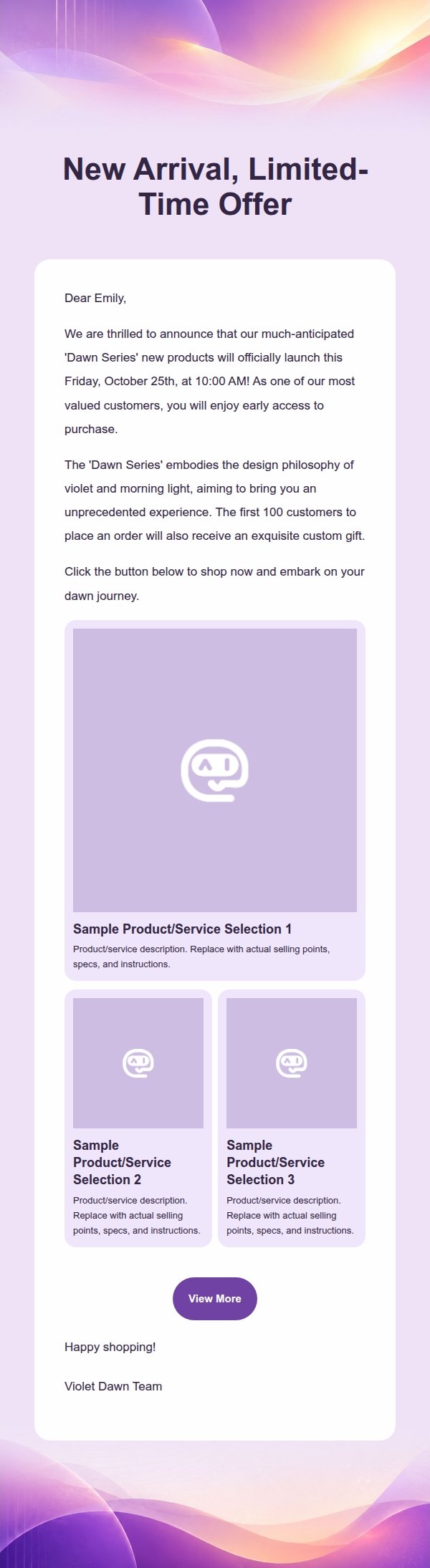 Violet Dawn New Product Launch Marketing Email