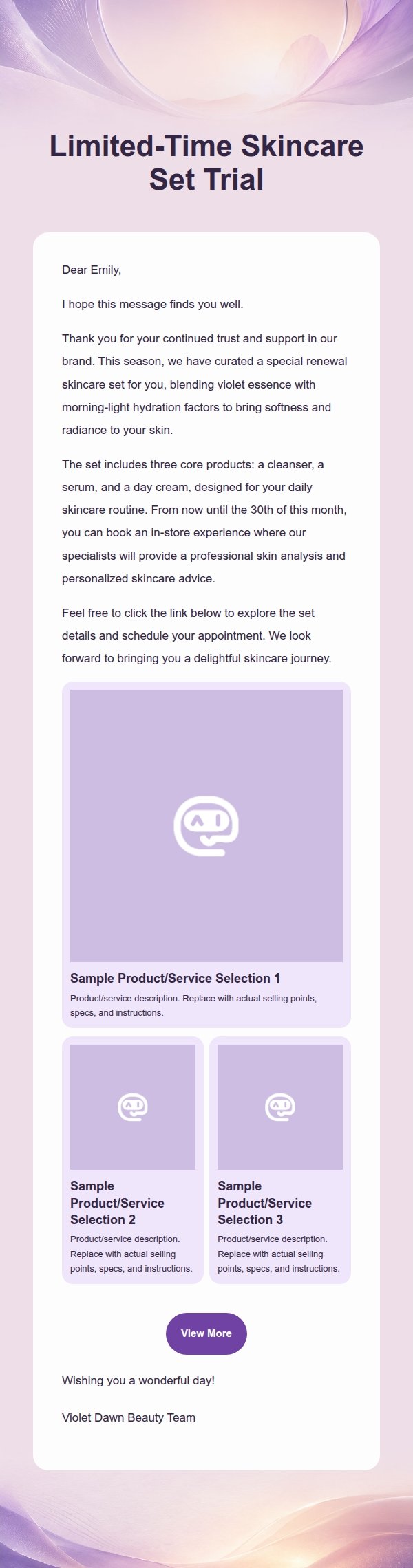 Violet Dawn Beauty Marketing Email