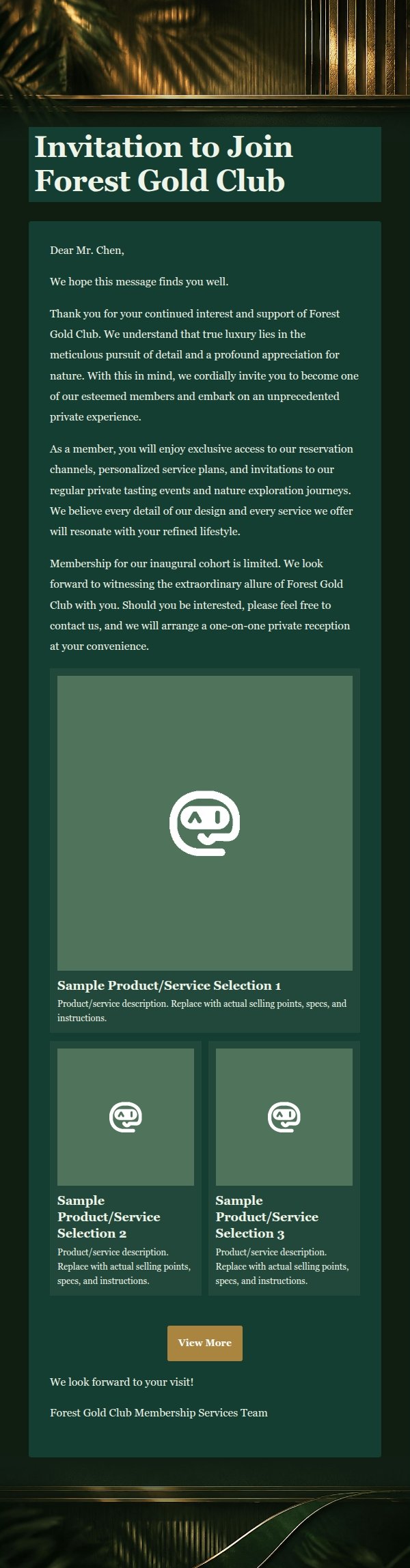 Forest Gold Club Luxury Membership Invitation Email