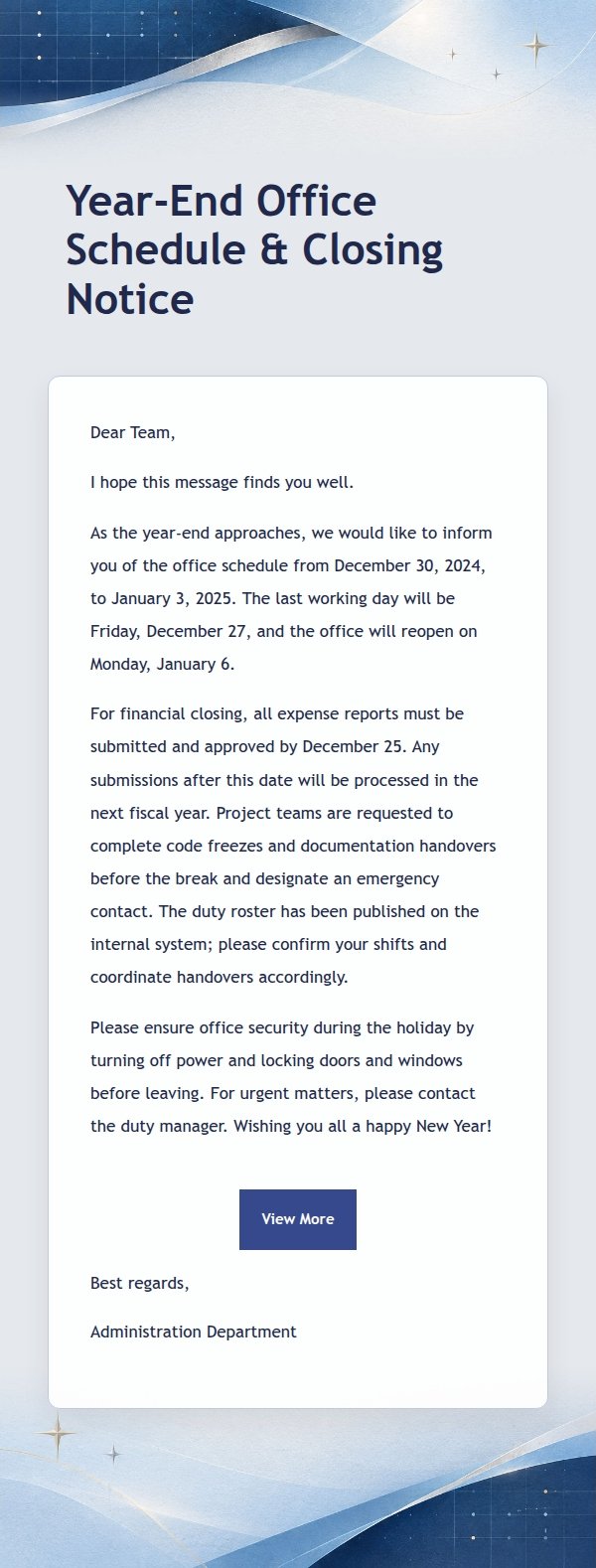 Indigo Year-End Office Schedule Notice
