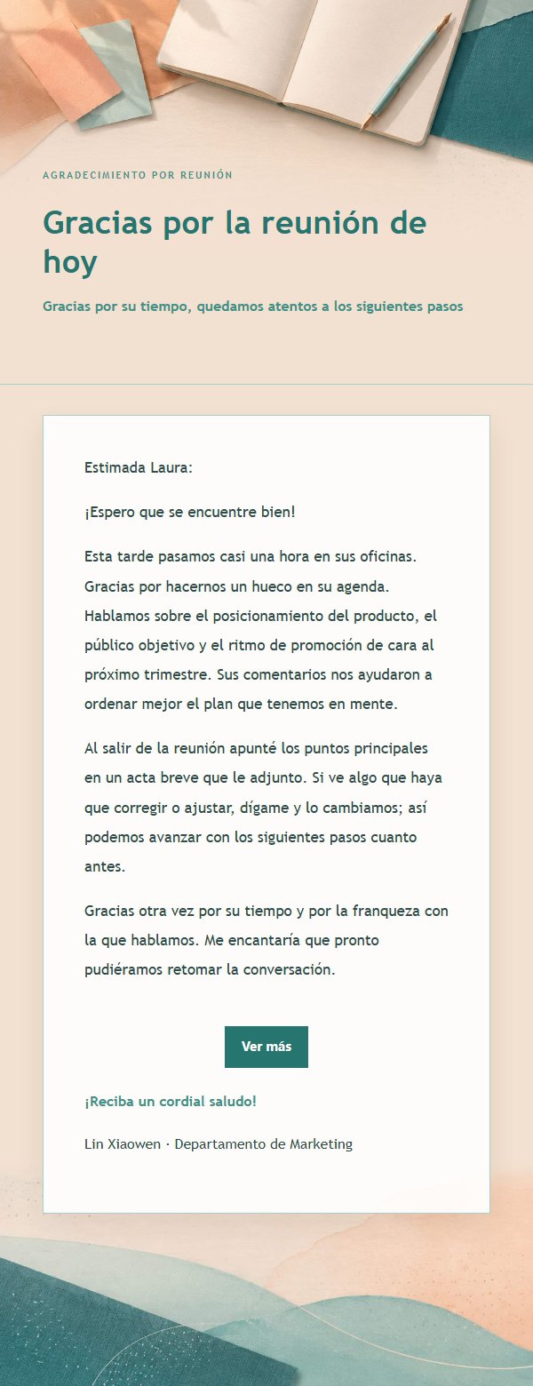 Carta de Agradecimiento Post-Reunión Melocotón y Verde