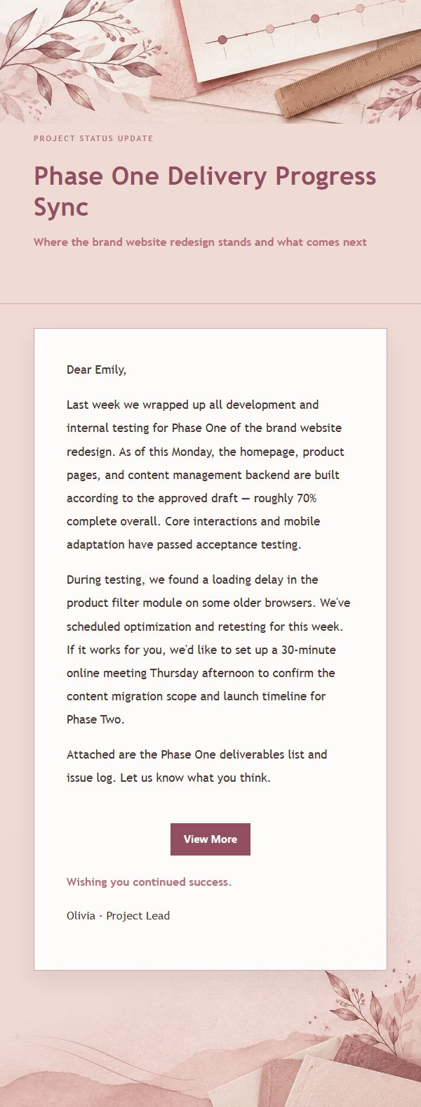 Rose Editorial Project Status Update Email