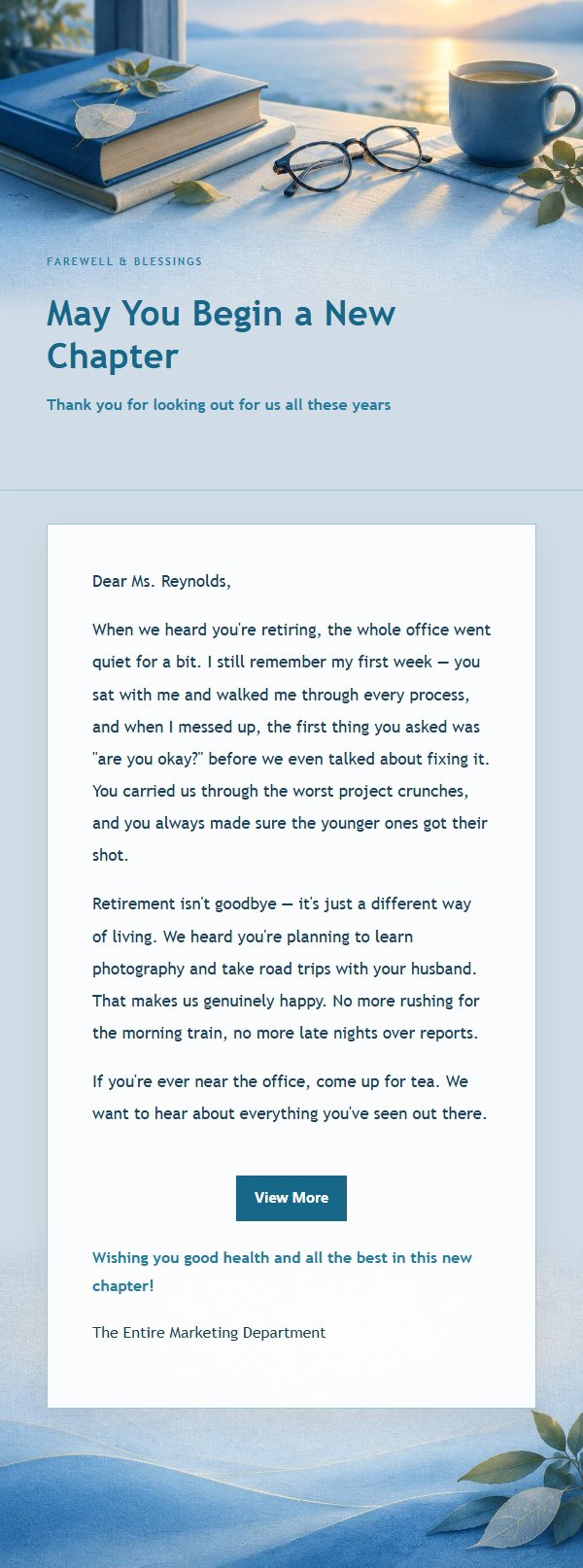Cobalt Teal Retirement Tribute Email 2
