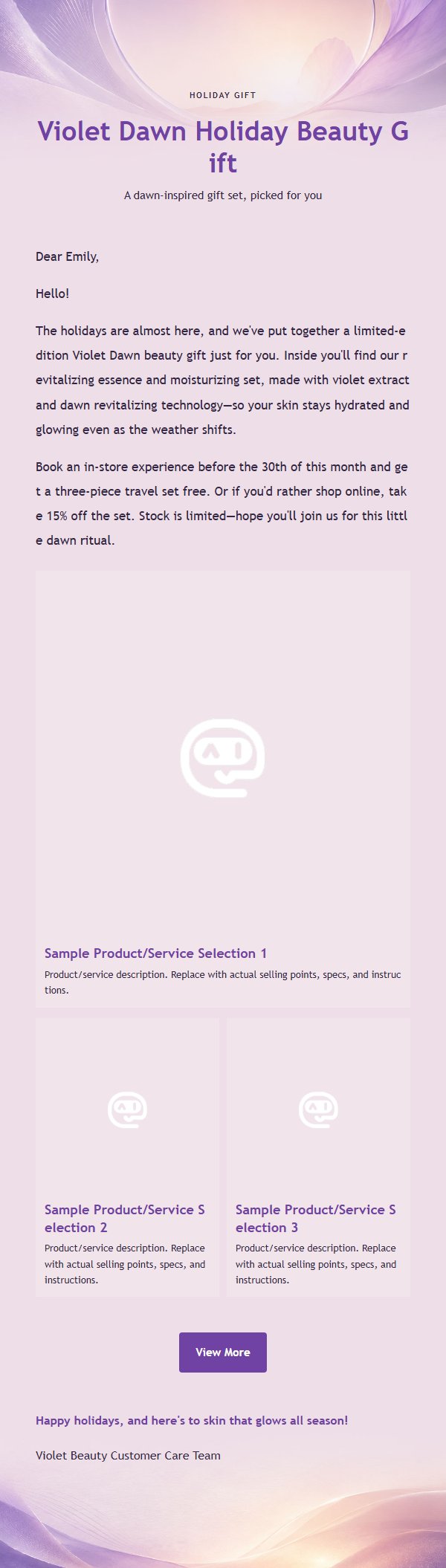 Violet Dawn Beauty Marketing Email
