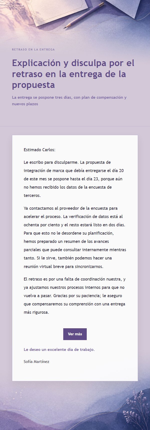 Correo de Disculpa por Aplazamiento en Tinta Lila 2