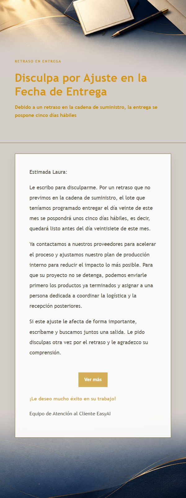 Correo de Disculpa por Aplazamiento Azul y Dorado 2