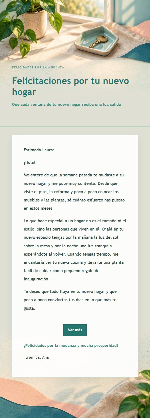 Felicitación de Mudanza Melocotón y Verde