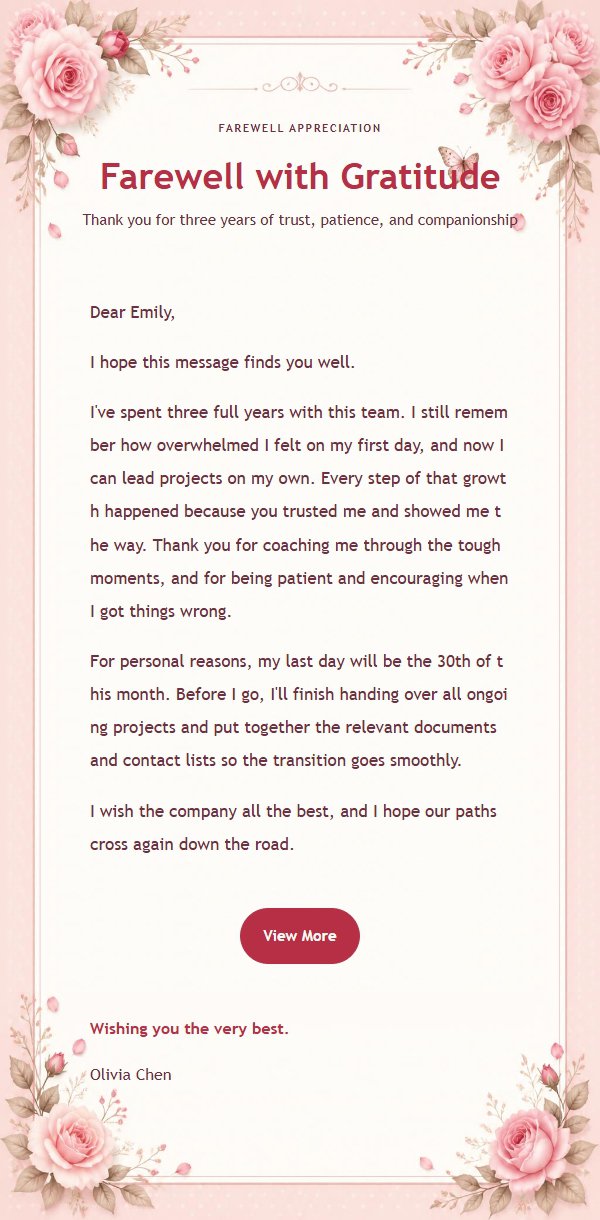 Pink Rose Farewell Thank-You Letter