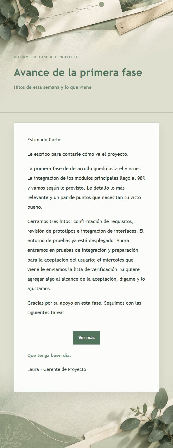 Correo de Informe de Fase con Estilo Salvia y Marfil
