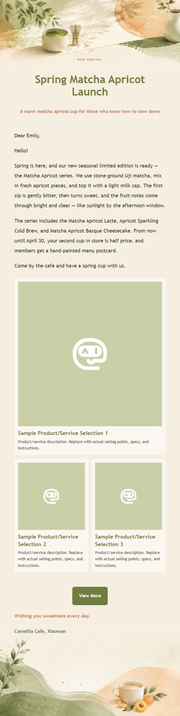 Matcha Apricot Cafe New Arrival Email