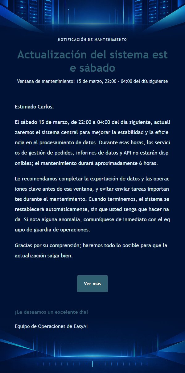Notificación de Mantenimiento Sistema Azul Medianoche