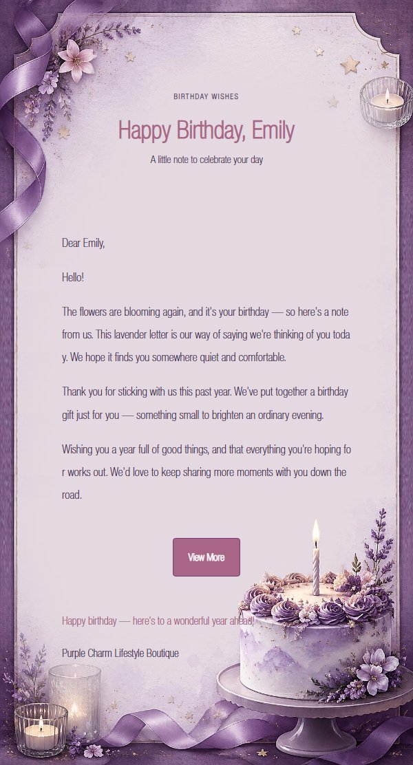 Lavender Candlelight Letter Birthday Email