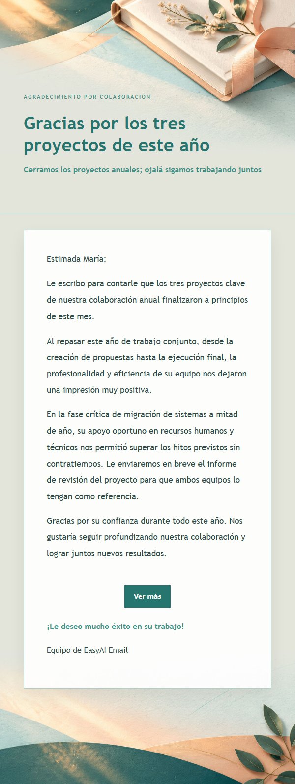 Correo de Agradecimiento por Proyecto Finalizado en Melocotón y Verde 2