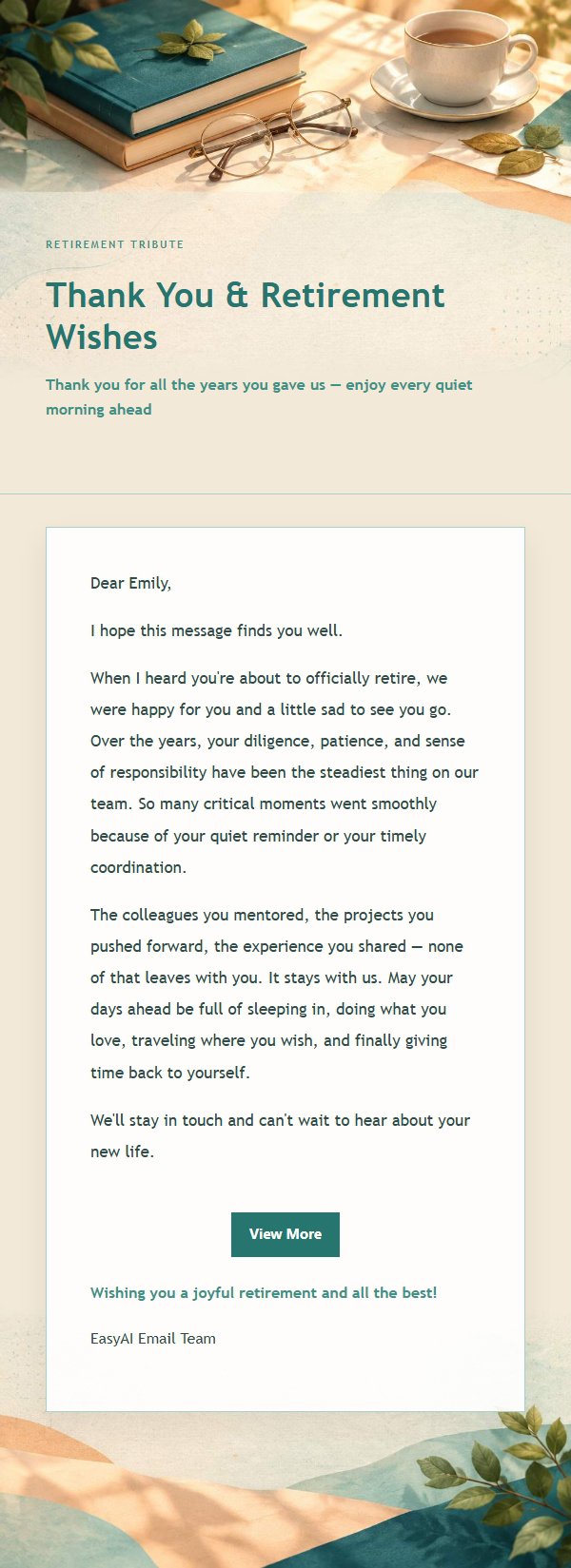 Peach & Teal Retirement Tribute Email