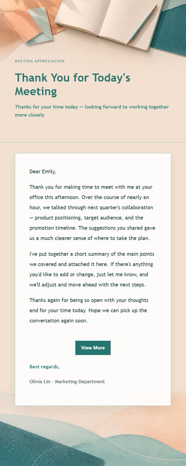 Peach & Teal Post-Meeting Thank-You Email
