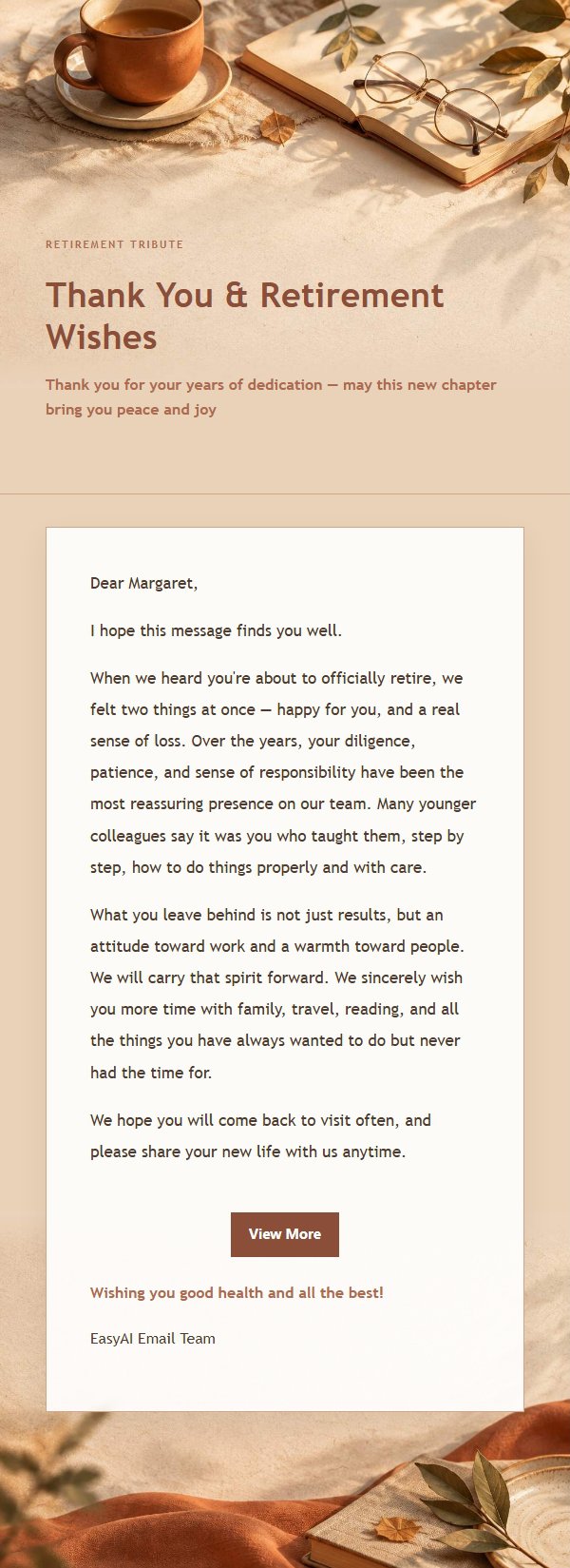 Terracotta Cream Retirement Tribute Email