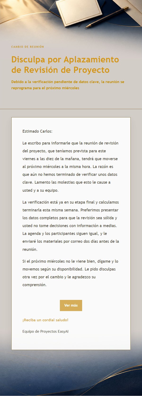 Correo de Disculpa por Aplazamiento Azul y Dorado