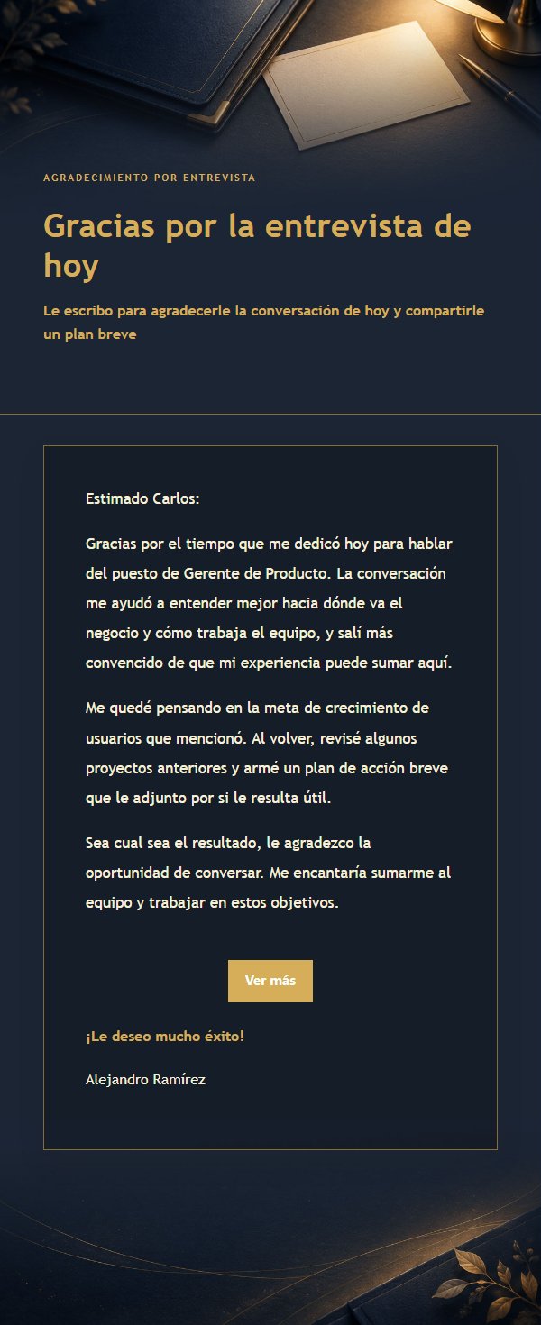 Carta de Agradecimiento Post-Entrevista Azul y Dorado