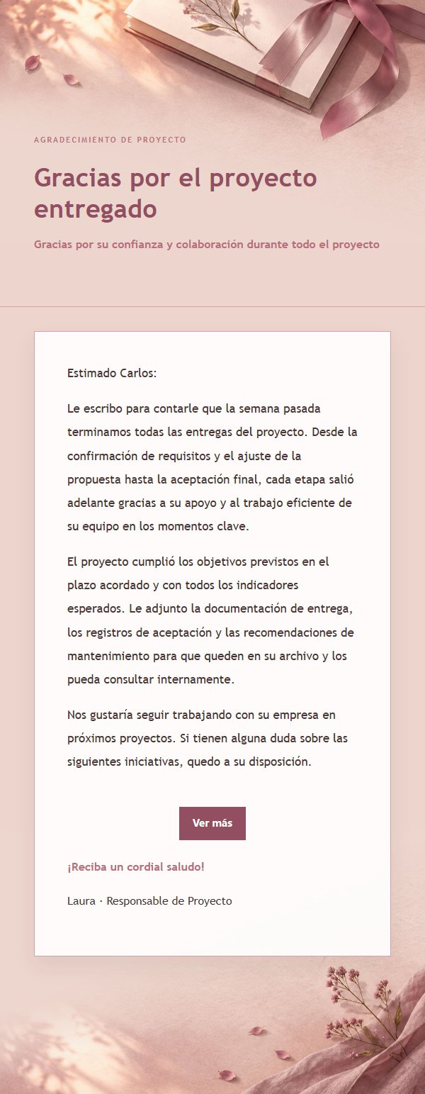 Correo de Agradecimiento por Proyecto Completado Estilo Rosa Editorial