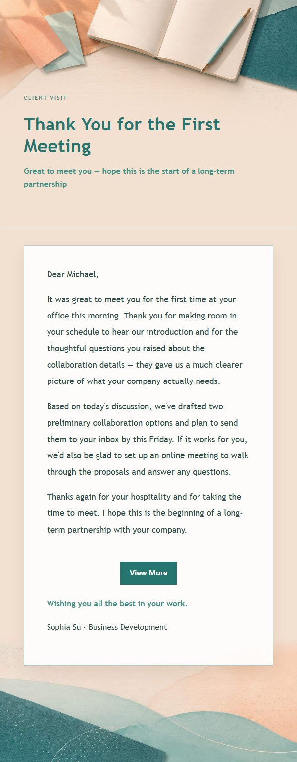 Peach & Teal Post-Meeting Thank-You Email 2