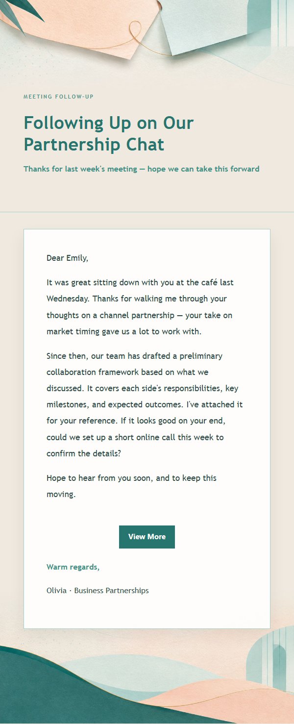 Peach & Teal Partnership Follow-Up Email