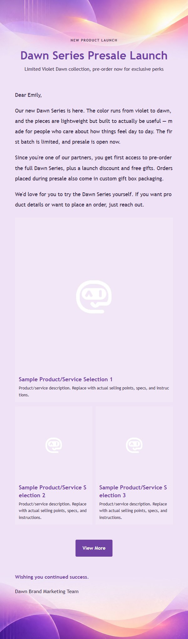 Violet Dawn New Product Launch Email