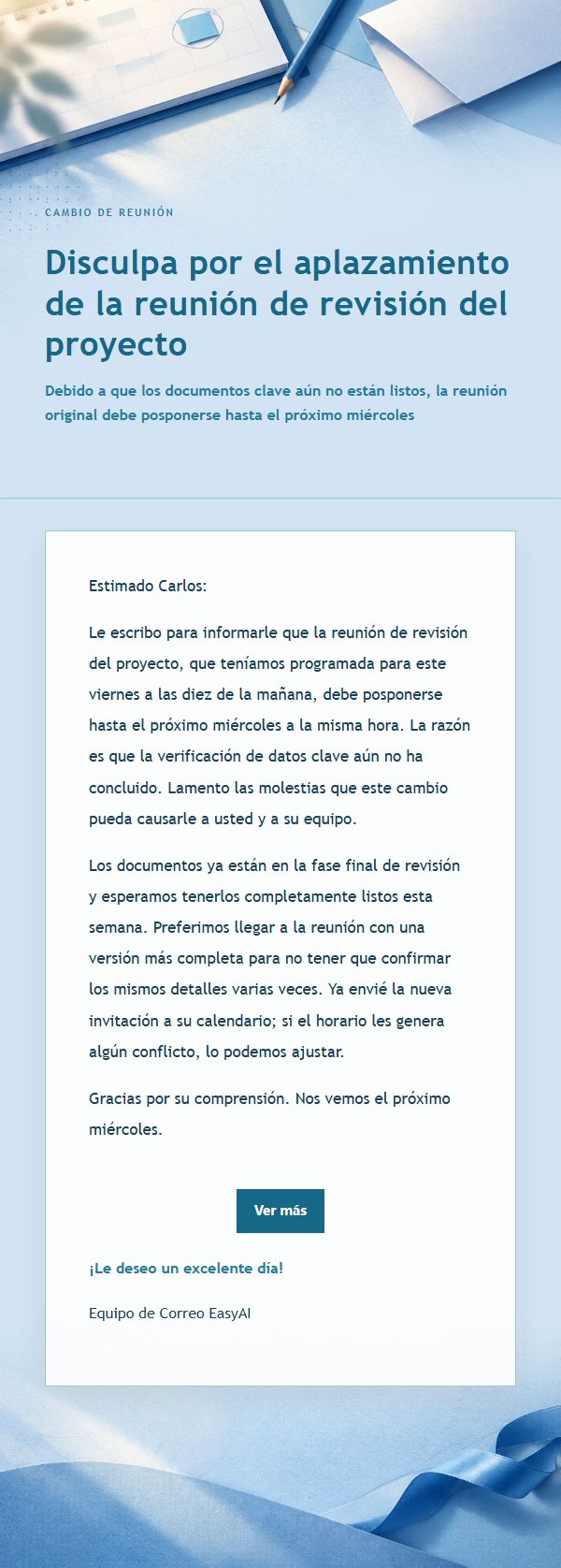 Carta de Disculpa por Aplazamiento en Azul Cobalto