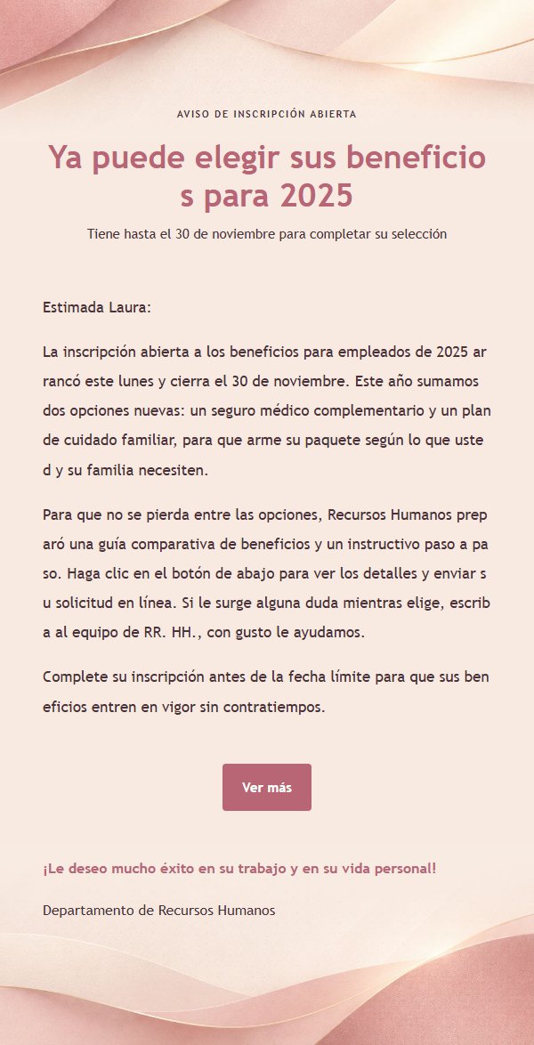 Aviso de Inscripción a Beneficios en Rosa Marfil