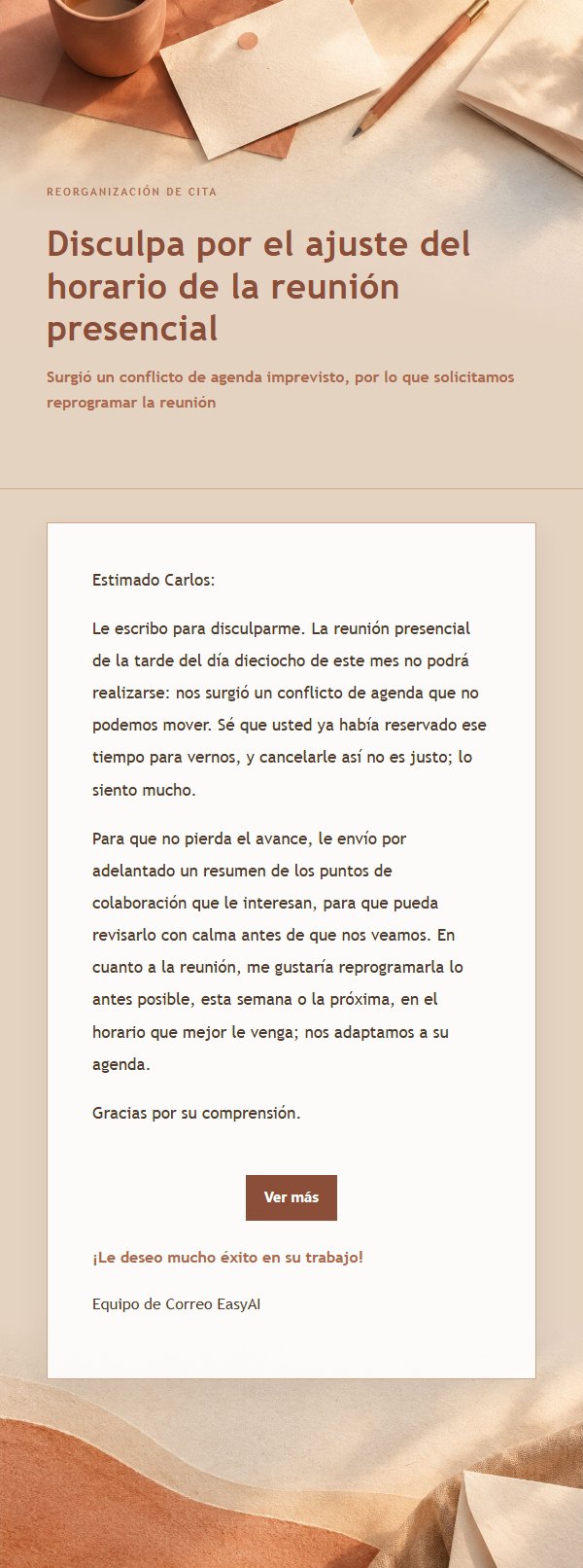 Correo de Disculpa por Aplazamiento Estilo Terracota y Crema 2