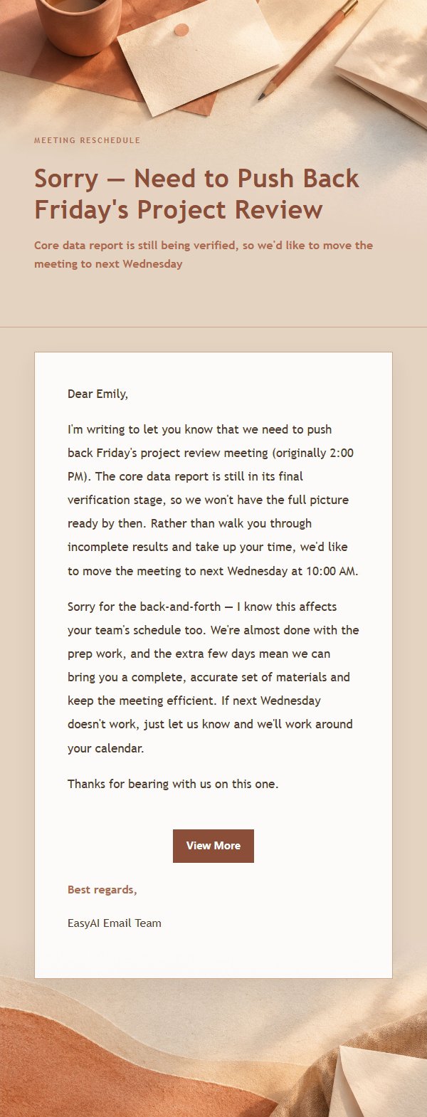 Terracotta Cream Postponement Apology Email