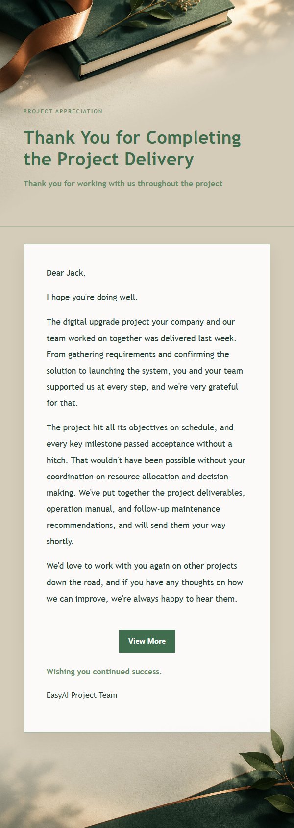 Forest Copper Project Completion Thank-You Email