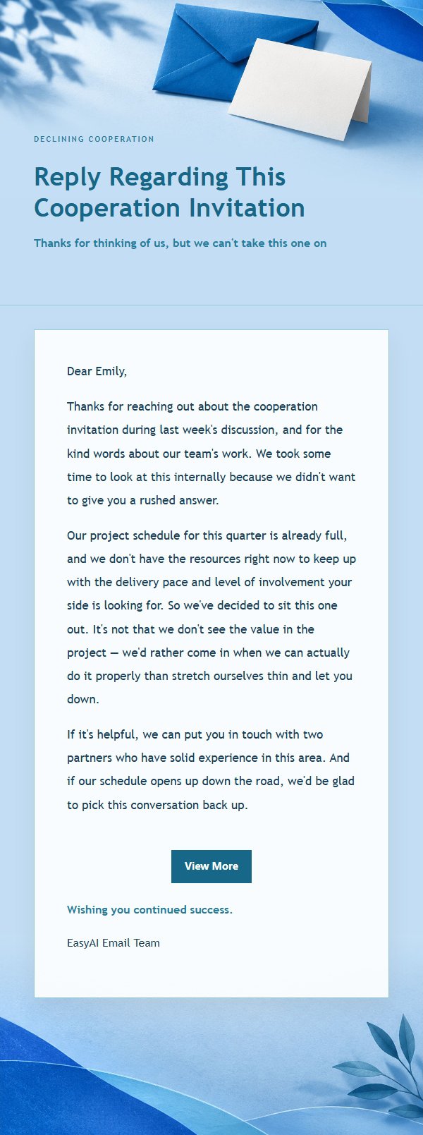 Cobalt Teal Polite Decline Email