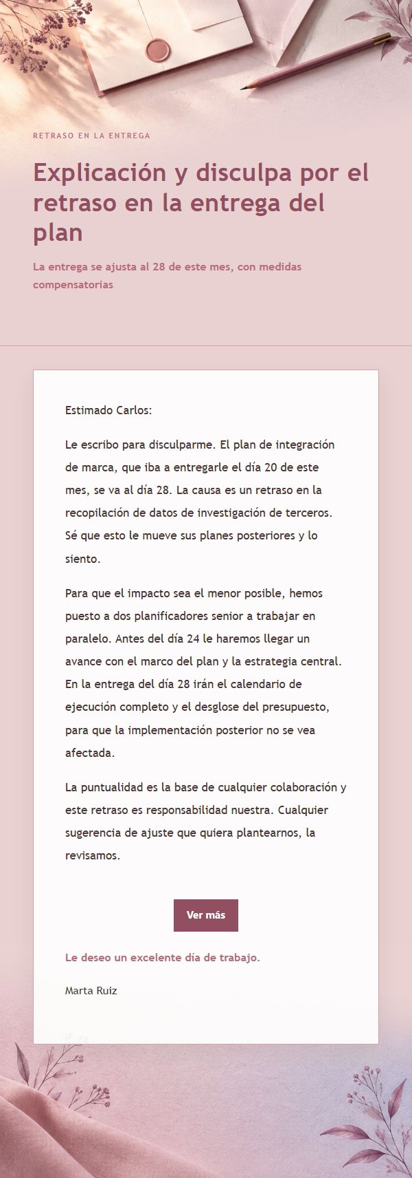 Correo de Disculpa por Aplazamiento Estilo Rosa Editorial 2