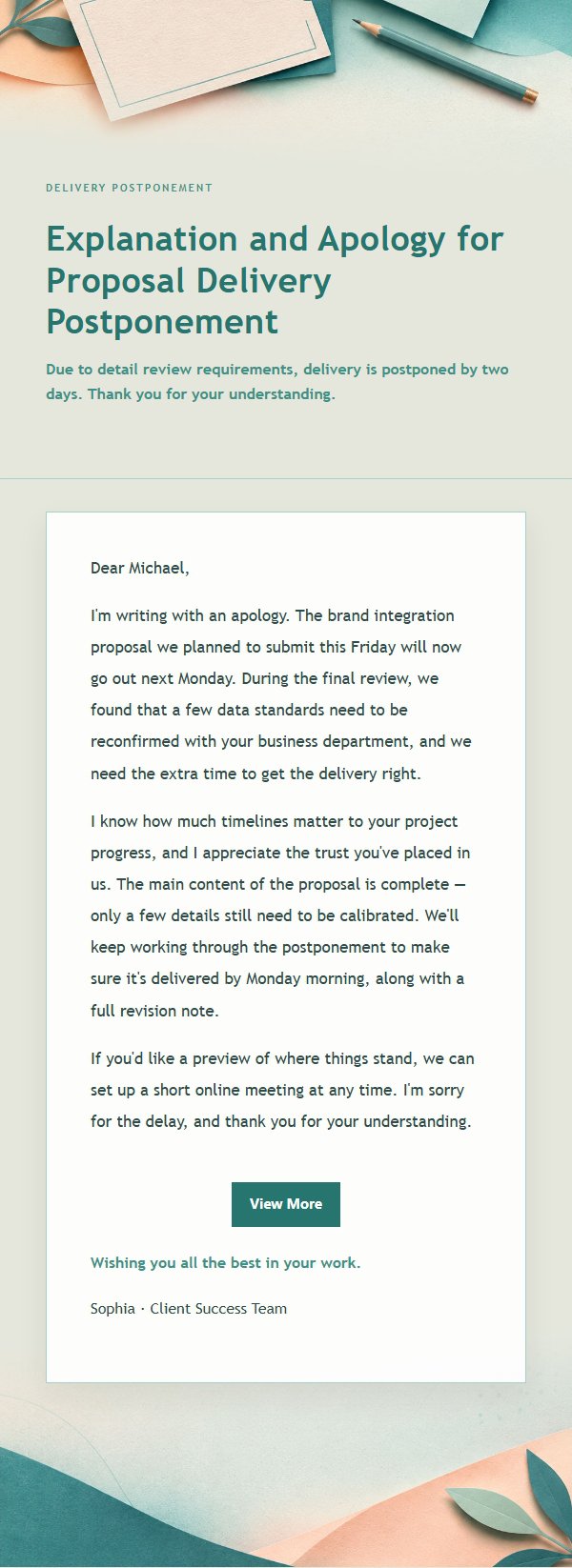 Peach & Sage Postponement Apology Email 2