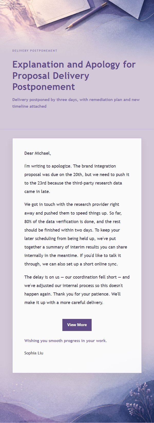 Lilac Ink Postponement Apology Email 2