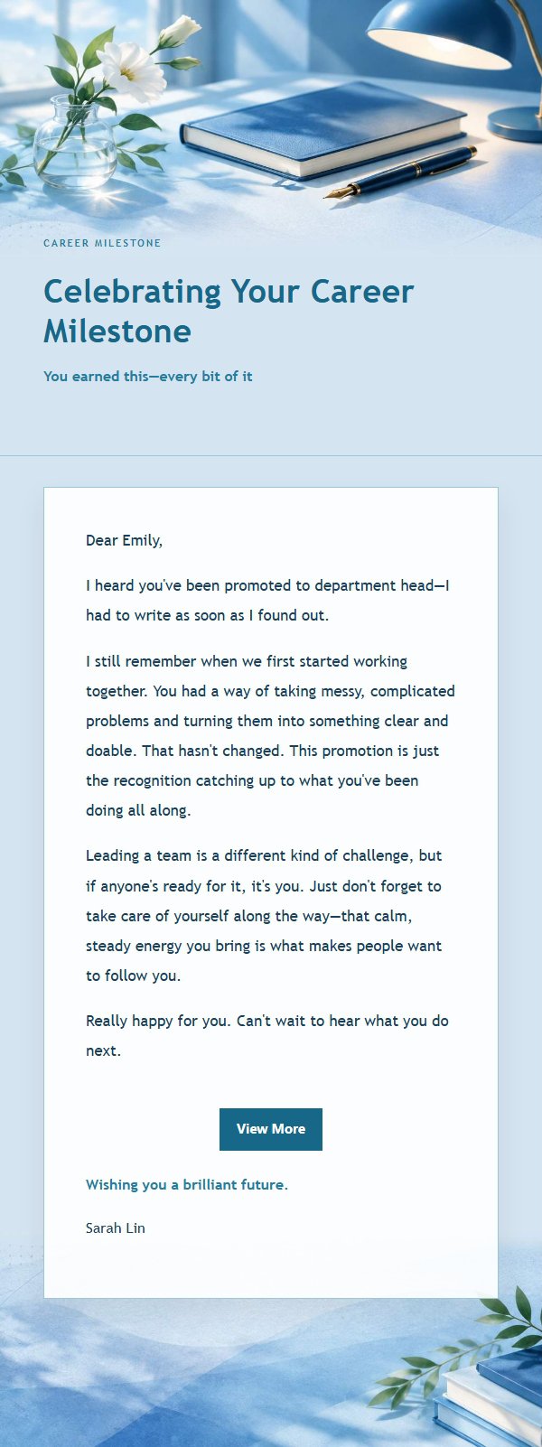 Cobalt Teal Promotion Congratulations Email 2