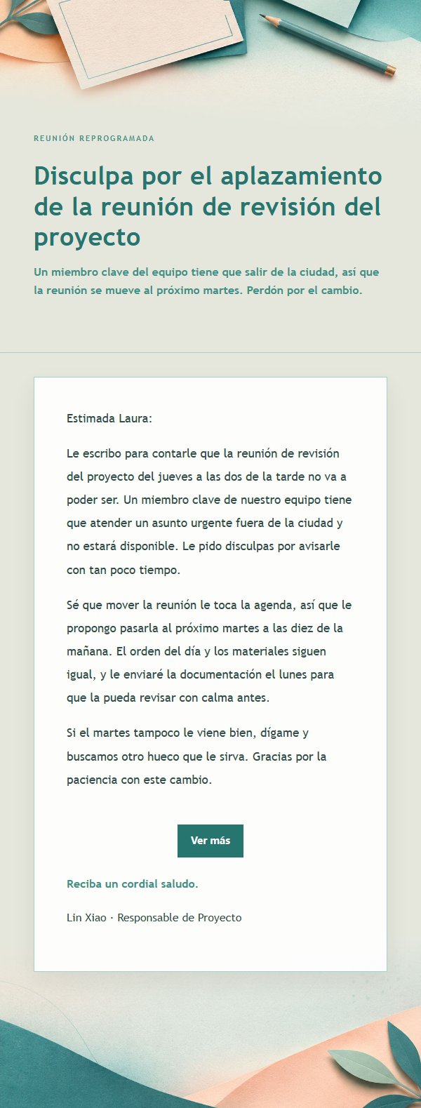 Correo de Disculpa por Aplazamiento Melocotón y Verde