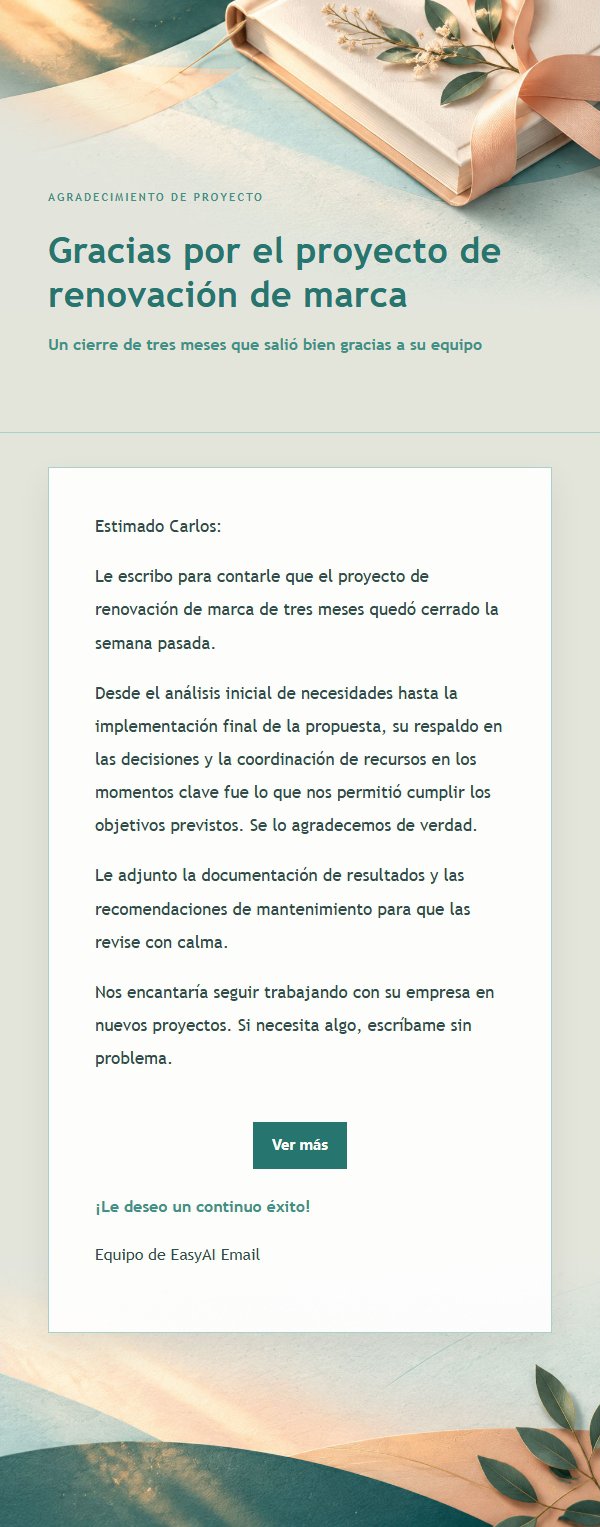 Correo de Agradecimiento por Proyecto Finalizado en Melocotón y Verde