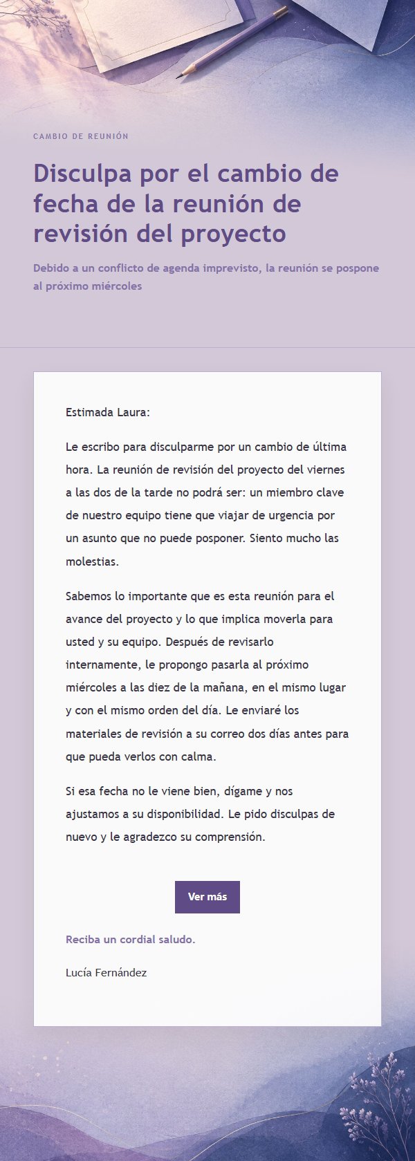Correo de Disculpa por Aplazamiento en Tinta Lila