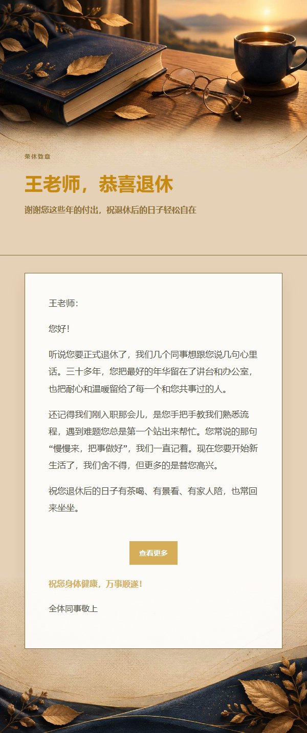 深蓝鎏金退休致意信