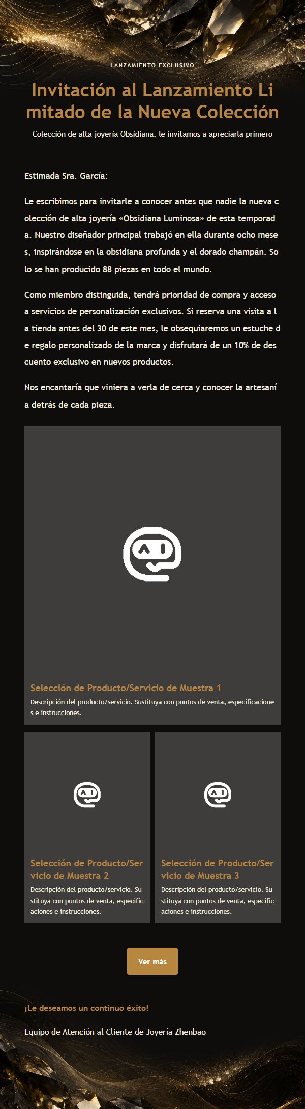 Carta de Marketing de Alta Gama con Joyería de Obsidiana y Champán