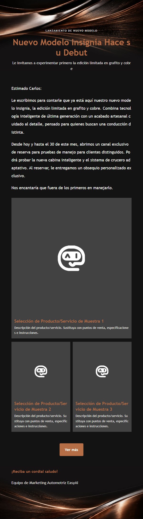 Correo de Marketing Automotriz de Lujo en Grafito y Cobre