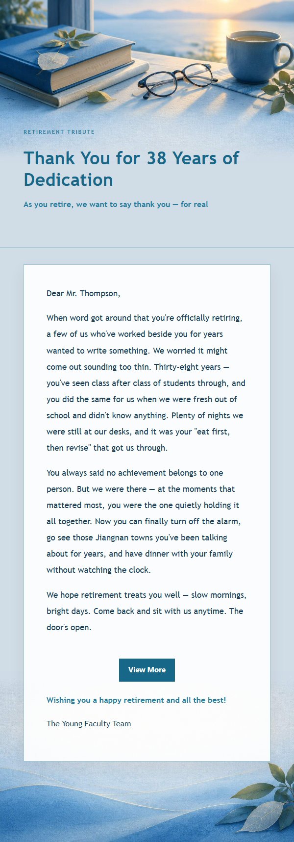 Cobalt Teal Retirement Tribute Email